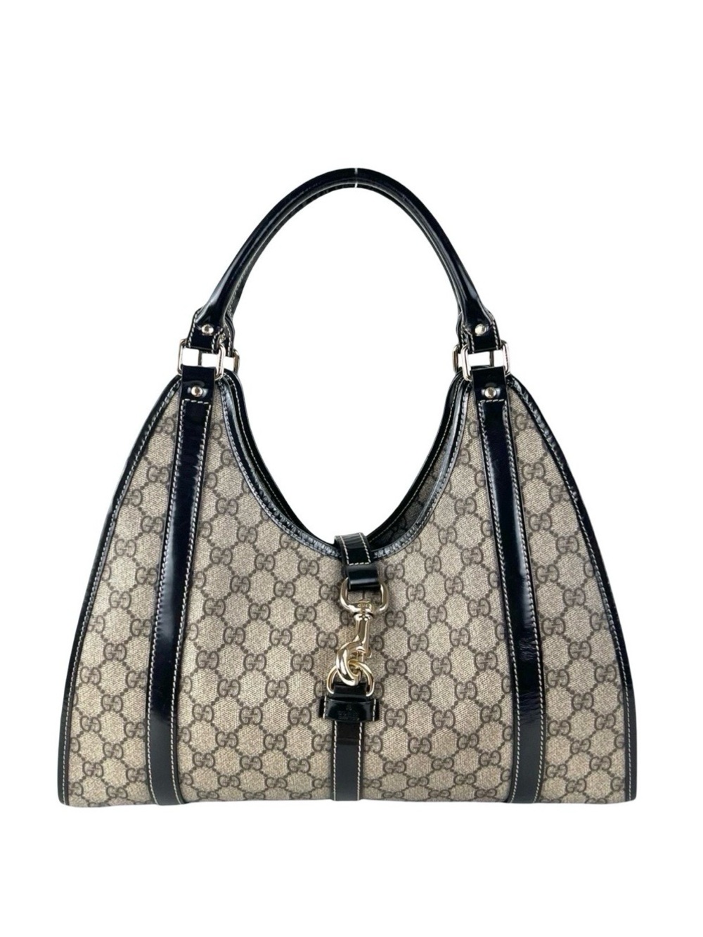 Gucci GG Canvas Shoulder Bag Black Leather Trim Gold Hardware Hobo Tote Bag